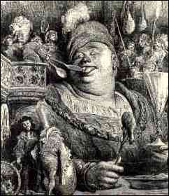 Gargantua mangeant des pelletées de moutarde, Rabelais 1534, illustration de Gustave Doré